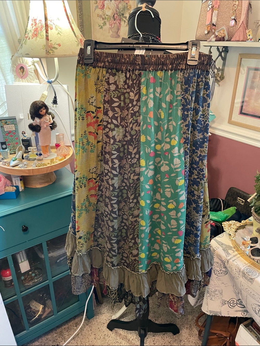 PatchworkBoho  Floral Ruffle Maxi Skirt - Teal/Brown. Young Threads - Picture 11 of 14
